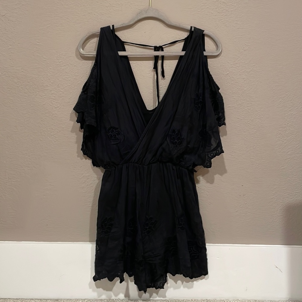 Astr The Label Embroidered Romper Silk Cotton Blend Black Small